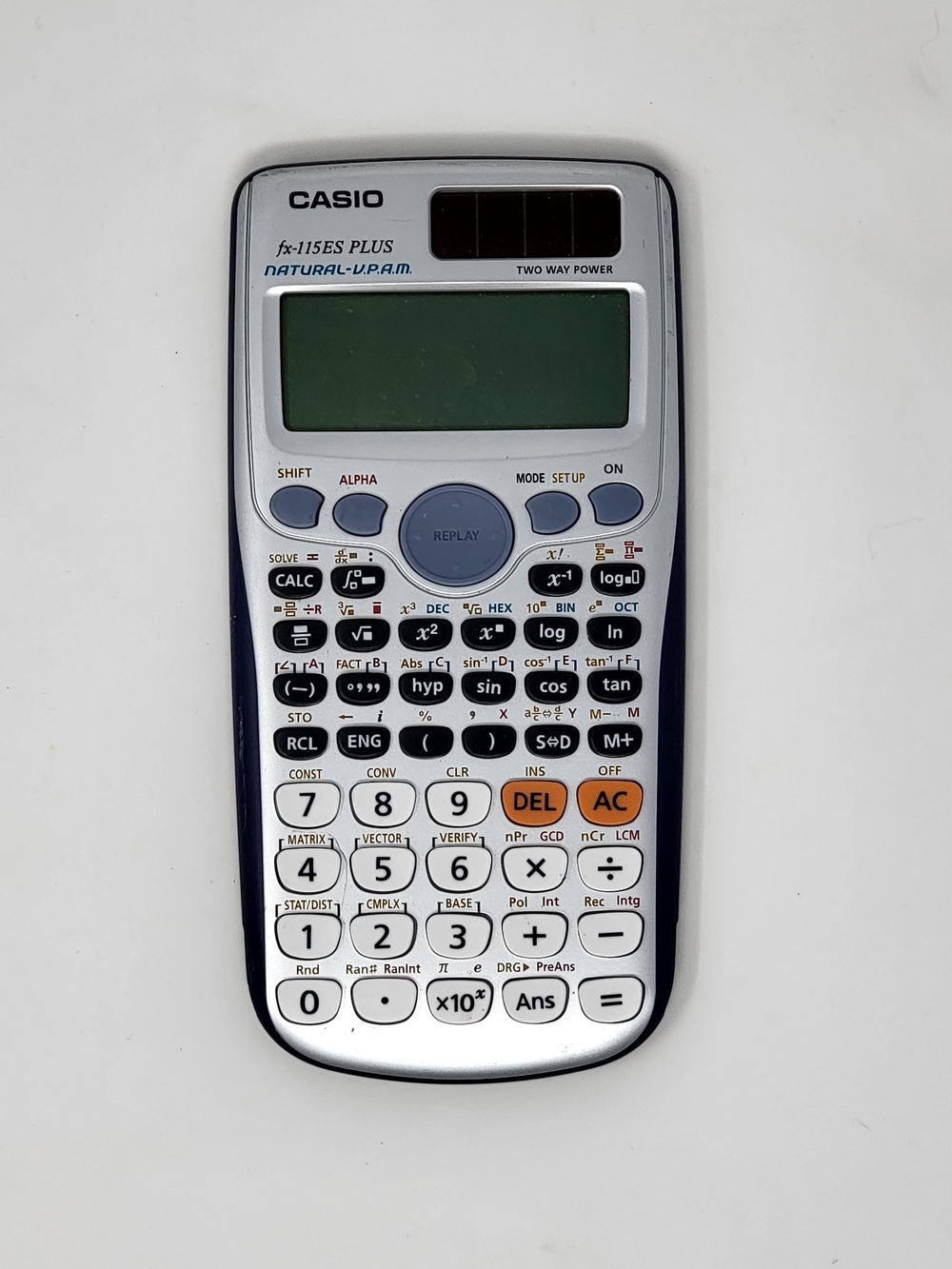 Casio Scientific Calculator in Silver and Navy with Orange Accents